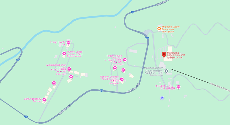 Captura de pantalla de Google Maps de la zona d'hostals a prop de Nikko-Shirane
