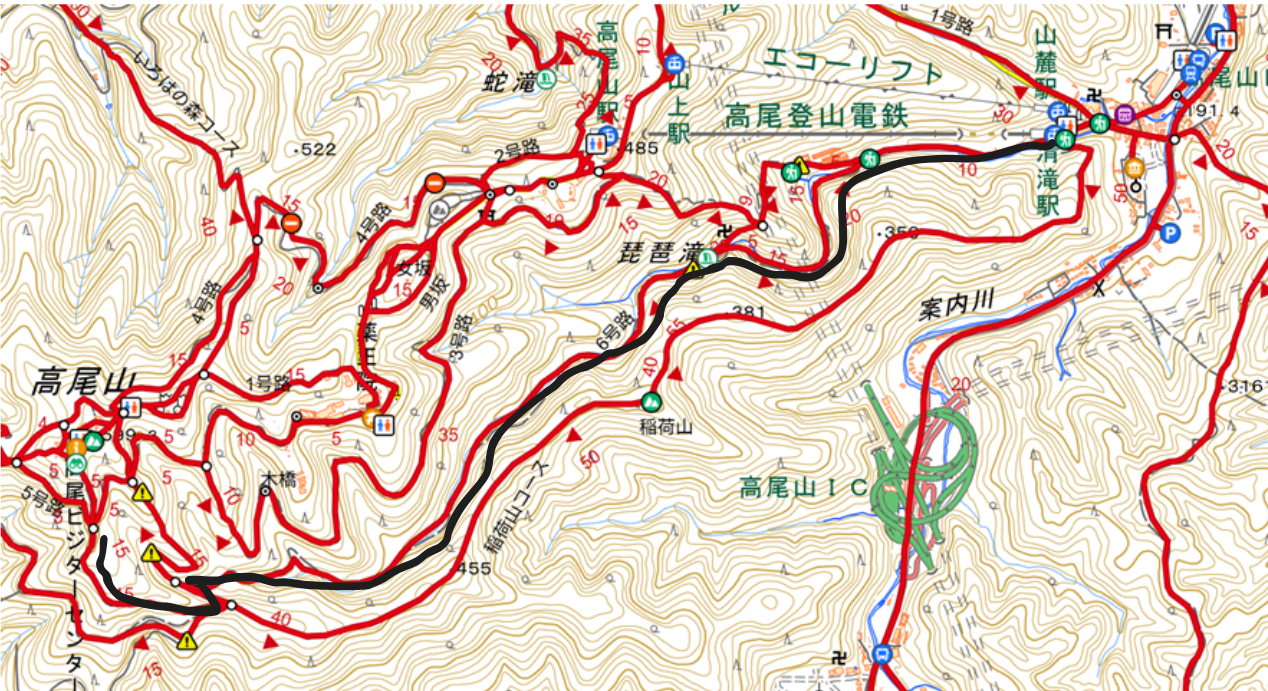 Mapa de YAMAP de Takao a l'estació del teleferic